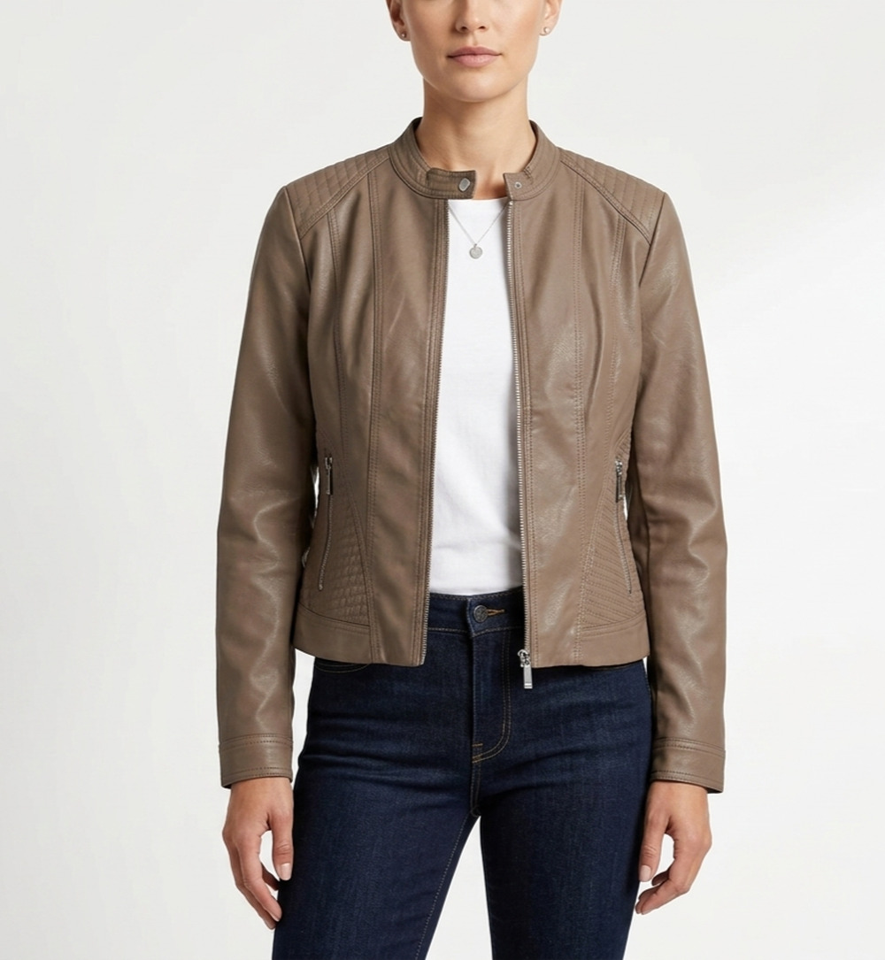 Joujou Women’s Brown Faux Leather Moto Jacket Size XL Quilted Biker Zip Up Coat